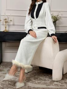 Modelyn 女士迷人优雅拼色毛边灯笼袖紧身连衣裙长款晚礼服 - 白色 - 查看 7