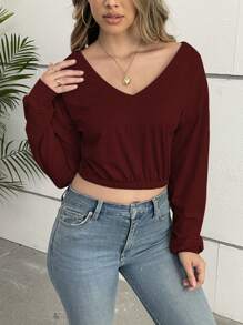 SHEIN Slayr 女士纯色 V 领休闲长袖针织套头衫 - 酒紅色 - 查看 6