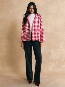 Poéselle 女士长袖仿口袋格子棉服外套，休闲日常穿着，冬季女装，红色和白色，轻松时尚必备 - 紅白色 - 查看 3