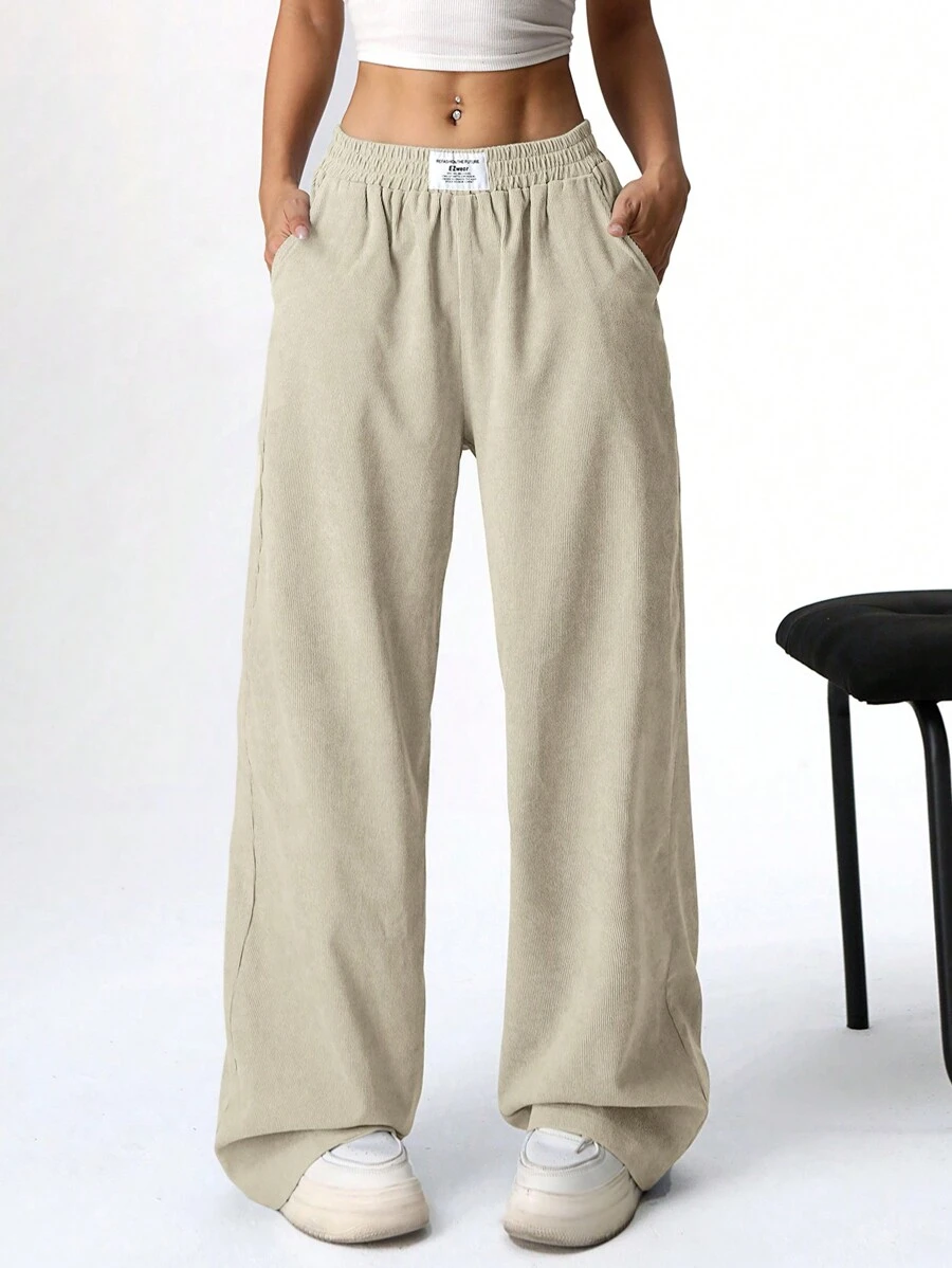 Muchica 女式纯色弹性腰带口袋休闲裤 - 杏色 - 查看 1