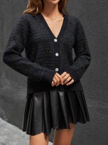 EURMUSE V Neck Cardigan Button Detail Special Style - Black - View 3