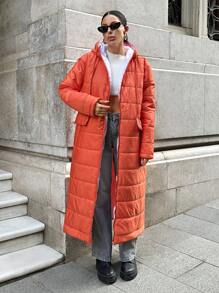 RueChic EXTRA LONG PADDED WINTER ORANGE SPORTY HOODED COAT - Burnt Orange - View 3