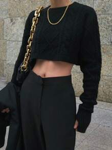 DAZY Women's Solid Color Casual Cropped Loose Fit Long Sleeve Sweater For Autumn/Winter - Black - View 5