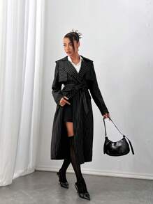 SHEIN SXY Abrigo trench de estilo callejero a rayas en blanco y negro, para otoño/invierno