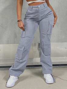 Women Plain Color Cargo Pocket Straight Leg Loose Casual Pants - Light Grey - View 1