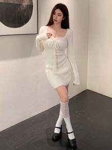 DAZY Women Sweetheart Neck Tied Front Mini Sweater Dress, Casual Autumn/Winter,Fall Women Clothes - Beige - View 2