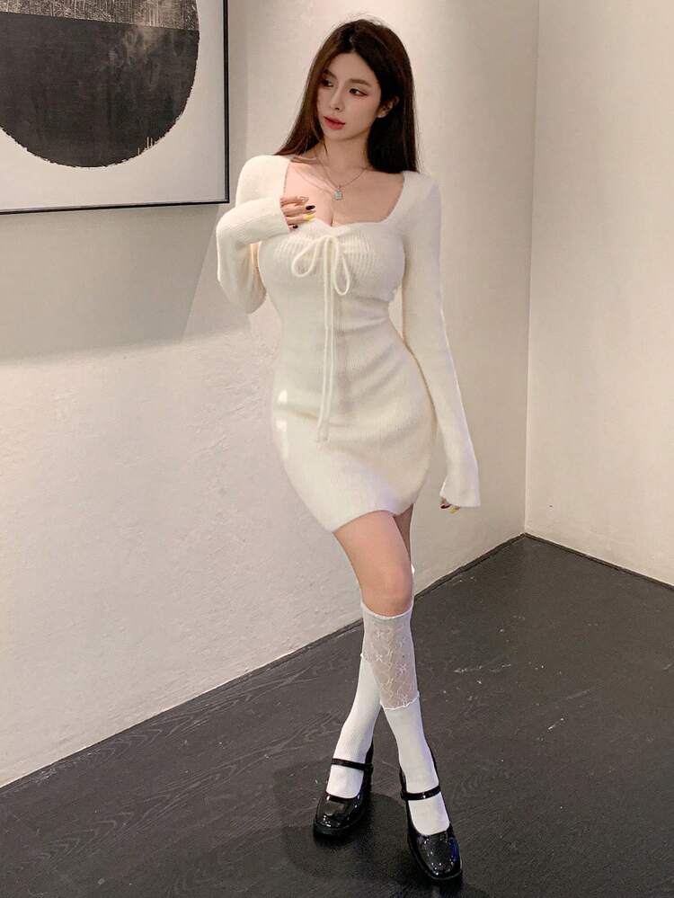 Women Sweetheart Neck Tied Front Mini Sweater Dress, Casual Autumn/Winter,Fall Women Clothes