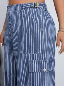 SHEIN ICON Quần Jeans Sọc Túi Hộp Rộng Thường Ngày Cho Nữ Cỡ Lớn - Màu xanh lam - Xem 6
