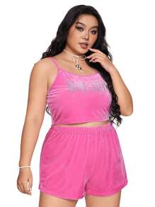 ROMWE J-Fashion Plus Size Silky Velvet Rhinestone Decor Camisole Shorts Sleepwear Set - Pink - View 5