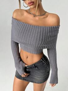 SHEIN ICON 1pc Women Fall Sweaters One-Shoulder Long Sleeve Cropped Slim-Fit Sweater, Solid Color, Autumn
