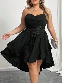 SHEIN CURVE+ 大码女式纯色甜心领口交叉系带荷叶边不对称复古下摆连衣裙，毕业白色连衣裙黑色紧身胸衣连衣裙哥特式连衣裙 - 黑色 - 查看 6