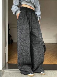 Livesso 女士休闲拼色腰带阔腿宽松裤，秋冬 - 灰色 - 查看 6