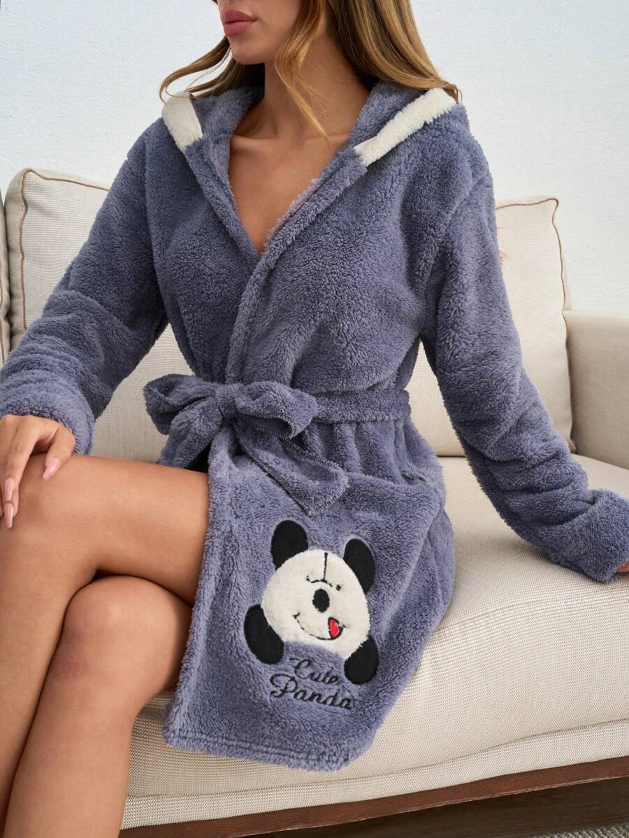 EURMUSE Women Plush Panda Embroidery With Ear Hoodie Robe - Grey - View 1