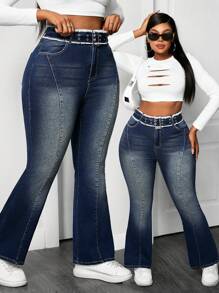 SHEIN SXY Plus Size High Waist Stretchy Jeans With Eyelet Embellishment Flare Pants - Dark Wash - View 1