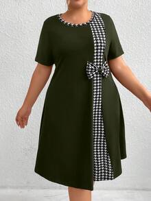 SHEIN Clasi Plus Size Casual Houndstooth Patchwork Bow Decor Short Sleeve Dress - Army Green - View 3