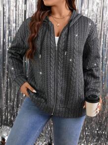 SHEIN LUNE Áo khoác nỉ dáng rộng, chất liệu vải dệt họa tiết, khóa kéo phía trước, thích hợp cho các bữa tiệc mùa thu. - màu đen - Xem 6