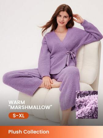LUVLETTE Höst och vinter Vinter Fuzzy Fleece Wrap Top & Byxor Loungewear Pyjamas Set Underkläder Som Ytterkläder Höstpyjamaskläder