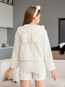 Tween Girls White Fluffy Hooded Long Sleeve Sleepwear And Shorts Pajama Set