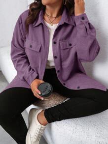 SHEIN LUNE 大码女式纯色长袖单扣宽松休闲夹克，秋季 - 淡紫色 - 查看 5