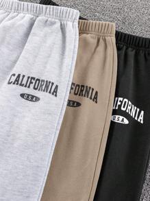 SHEIN Leap Crew Bộ 3 quần nỉ dệt kim rộng rãi in chữ thường ngày cho bé trai tuổi teen, mỗi quần 1 chiếc, 3 màu - Màu Khaki - Xem 3