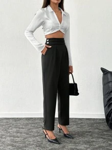 SHEIN Tall 高腰女式胡萝卜剪裁高腰机织面料优雅款式裤子，配有腰带细节 - 黑色 - 查看 4