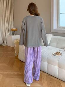 DAZY Cute Rabbit Pattern Print Top And Plaid Pajama Pants Pajamas Set - Grey - View 2
