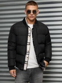 RueChic Men's Basic Style Dark Pattern Fabric Fitted Winter Coat - Black - View 1