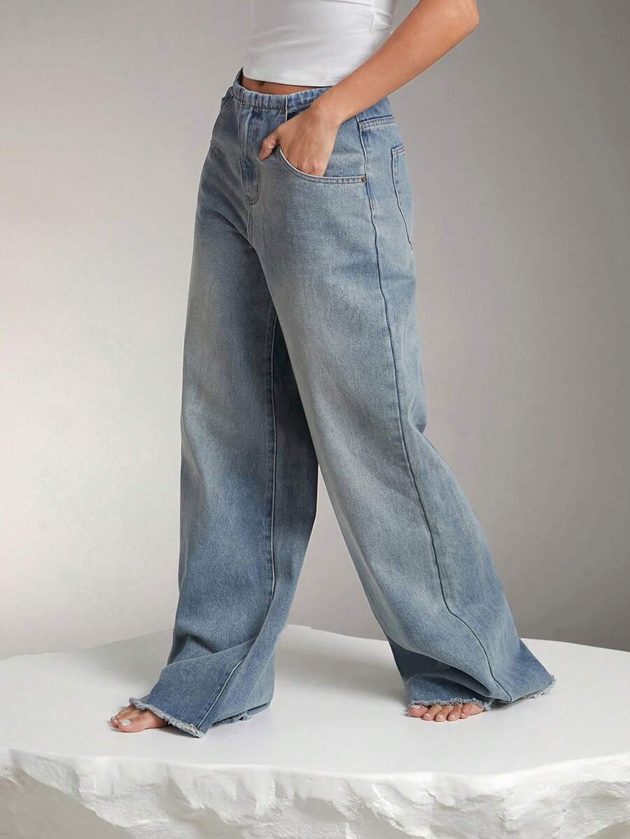 Denimoi 优质 100% 纯棉牛仔染色腰带细节阔腿牛仔裤 - 深色水洗藍 - 查看 1