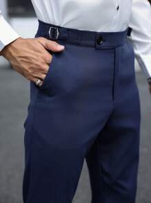 Manfinity Bizformal 1pc Men's Solid Color Straight-Leg Pocket Dress Pants, Suitable For Daily Commute And Business - Navy Blue - View 4