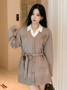 DAZY 1 Áo khoác cardigan dáng rộng cổ chữ V bằng vải voan họa tiết hoa dài tay, thắt eo, thời trang thu đông cho nữ - Màu Khaki - Xem 4