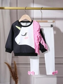 Bộ quần dài họa tiết kỳ lân cổ tròn tay dài cho bé gái mùa thu và nơ trang trí, thích hợp mặc ngoài trời và trong nhà - màu đen - Xem 1