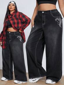 SHEIN ICON Women Plus Size Casual Washed Embroidered Loose Wide Leg Jeans Pants - Black - View 1
