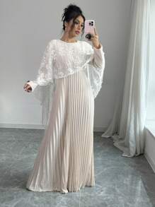 Rafferiza 1 chiếc váy lưới xếp ly thanh lịch dành cho nữ, trang phục Maxi thu đông dành cho nữ - Màu be - Xem 7