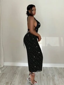 Slaydiva 2pcs Set Women Elegant Sequin Halter Neck Split Mini Skirt - Black - View 5