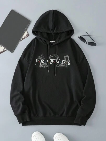 FRIENDS X SHEIN 男士休闲字母印花落肩抽绳连帽卫衣，春秋季长袖上衣