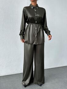 EURMUSE Embellishment Detailed Elegent Two Pieces Set - Khaki - View 1