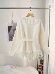 SHEIN Clasi Elegante cárdigan suelto con cuello en V, cintura con lazo y diseño con flecos para mujeres