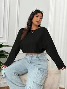 SHEIN EZwear 大码女式休闲纯色落肩宽松生菜边短款 T 恤 - 黑色 - 查看 3