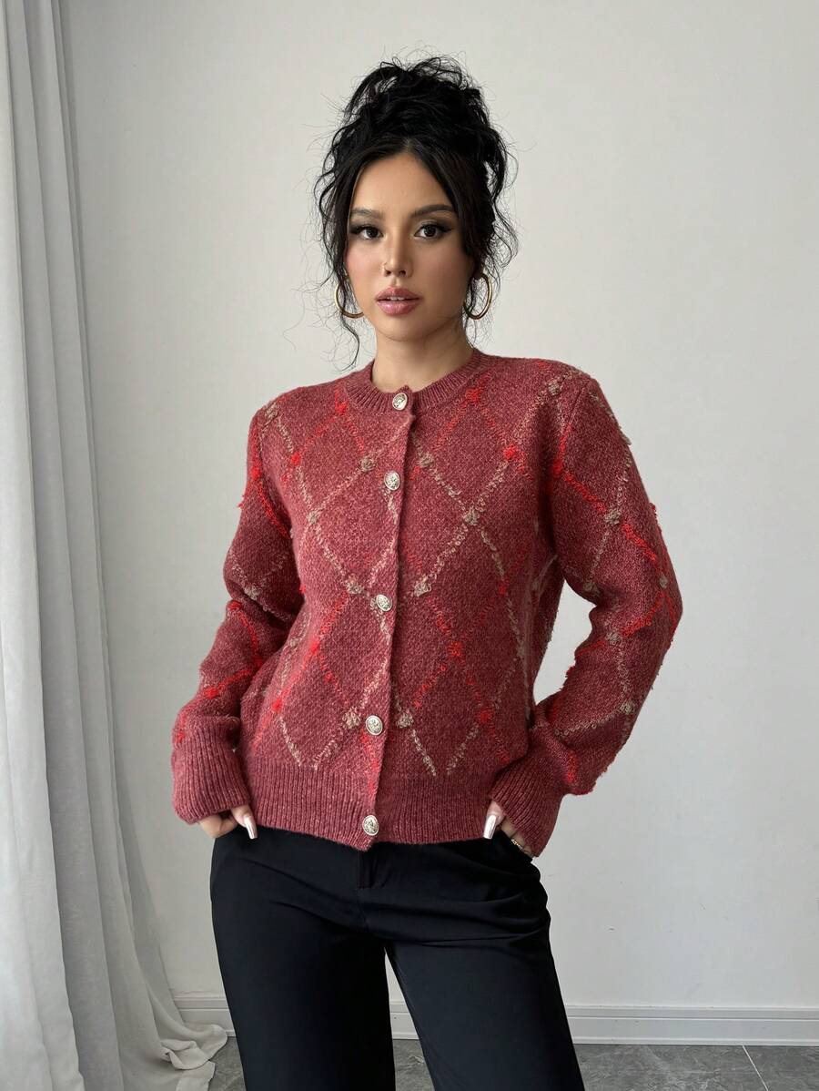 Chiquease 女士休闲菱形图案纽扣针织开衫 - 紅色 - 查看 1