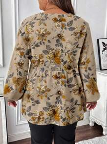 EMERY ROSE Plus Size Casual Minimalist Poppy Floral Pattern Khaki Loose Lantern Sleeve With Waist Pleats T-Shirt, Suitable For Autumn & Winter