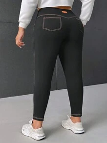 SHEIN CURVE+ Quần legging túi vá đường khâu phía trên Curve Plus Size - màu đen - Xem 5