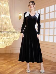 Modelyn 女式天鹅绒长裙，下摆带超大蝴蝶结设计，优雅长款晚礼服 - 黑色 - 查看 4