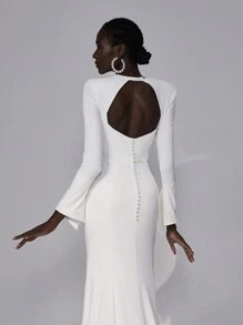 Elitara Elegant White Tube Long Flare Sleeve Round Neck Backless Rhinestone Decor Mermaid Wedding Dress, Bridal Dress,Bride