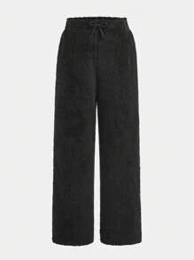 Tween Girls Solid Color Teddy Fleece Drawstring Waist Teddy Wide Leg Pants 2Pieces/Set, Warm For Autumn Winter - Multicolor - View 5