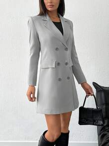 SHEIN PETITE Double-Breasted Suit Jacket And Skirt Set - Grey - View 6