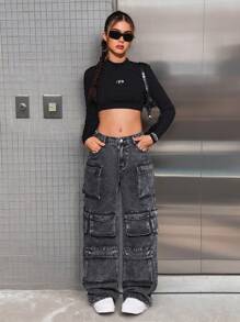 SHEIN Quần Jeans Cargo Đen Ống Thẳng Cho Bé Gái Tuổi Teen - màu đen - Xem 5