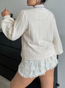 SHEIN Unity Plus Size Thick White Jacquard Knit Sweater With Puff Lantern Sleeves, Bowknot And Open Front Design, Suitable For Autumn And Winter - Apricot - View 2