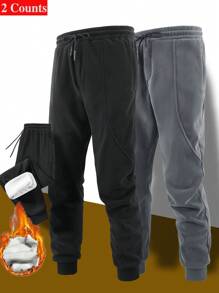 Manfinity Homme 2pcs Men's Thermal Lined Thermal Warm Pants, Black & Gray, Autumn/Winter - Multicolor - View 6