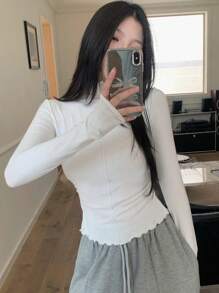 DAZY 1 件女式纯色修身 T 恤，休闲日常穿着，秋季 - 白色 - 查看 7