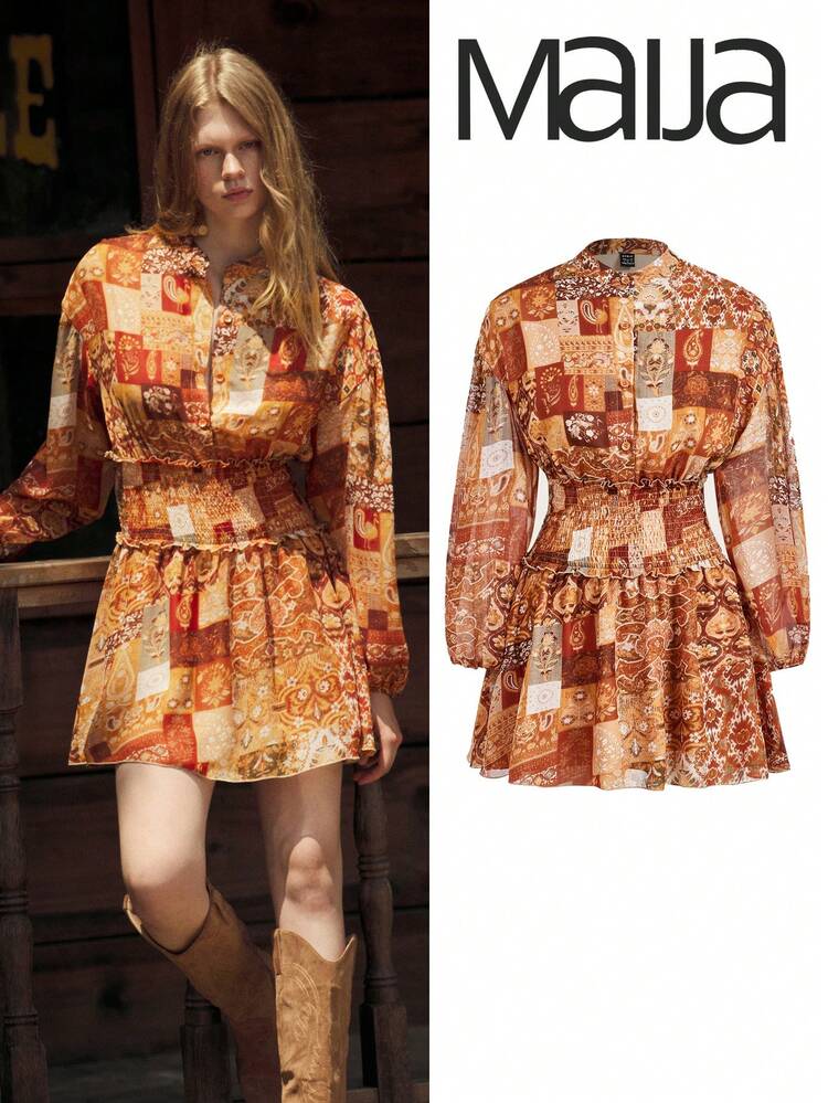 SHEIN Maija Women Western Full Print Long Sleeve Casual Short Dress, Autumn